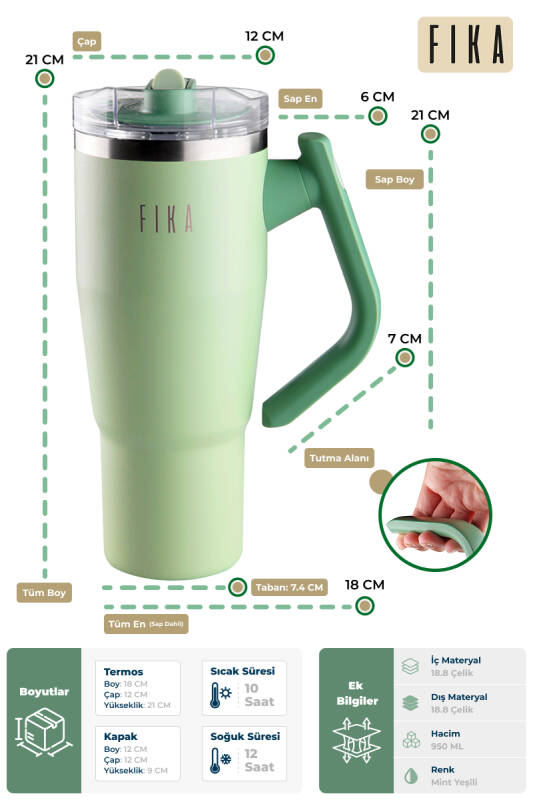 Fika Lumi Patentli Döner Kulplu Sızdırmaz Çift Ağızlıklı Çelik Termos 950 ML - Mint Yeşili - 3