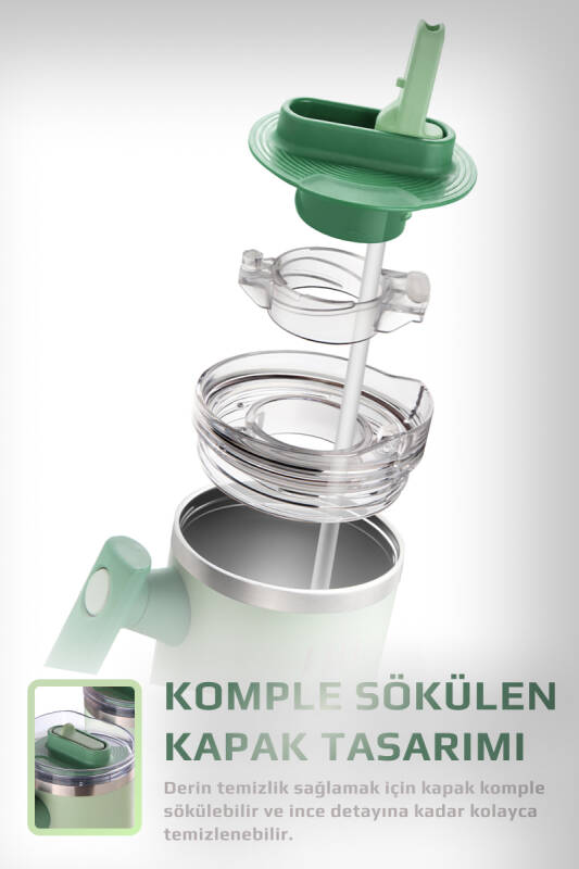 Fika Lumi Patentli Döner Kulplu Sızdırmaz Çift Ağızlıklı Çelik Termos 950 ML - Mint Yeşili - 4