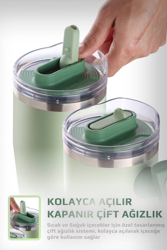 Fika Lumi Patentli Döner Kulplu Sızdırmaz Çift Ağızlıklı Çelik Termos 950 ML - Mint Yeşili - 5