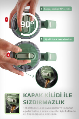 Fika Lumi Patentli Döner Kulplu Sızdırmaz Çift Ağızlıklı Çelik Termos 950 ML - Mint Yeşili - 6