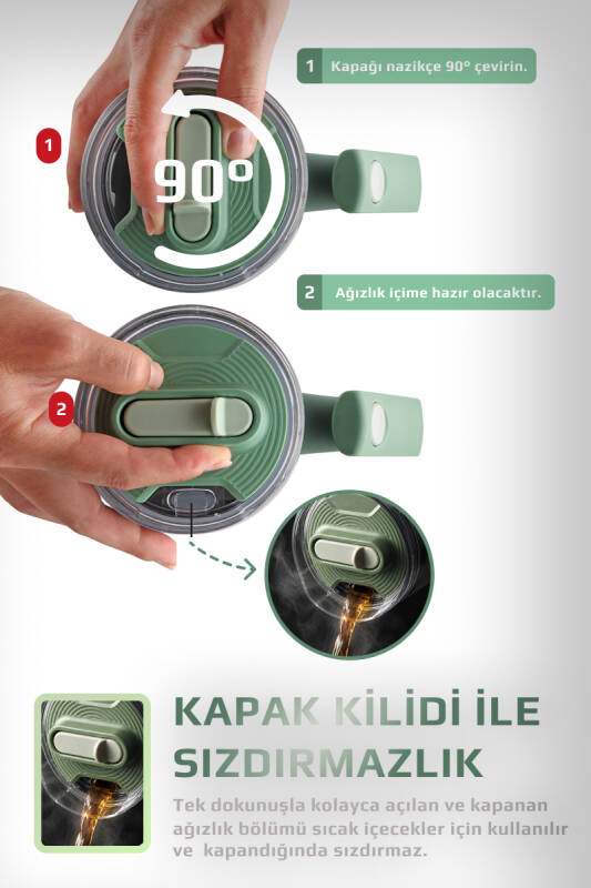 Fika Lumi Patentli Döner Kulplu Sızdırmaz Çift Ağızlıklı Çelik Termos 950 ML - Mint Yeşili - 6