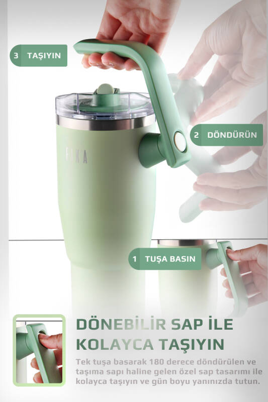 Fika Lumi Patentli Döner Kulplu Sızdırmaz Çift Ağızlıklı Çelik Termos 950 ML - Mint Yeşili - 8