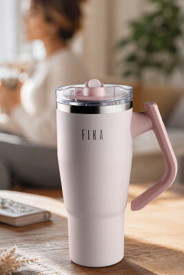 Fika Lumi Patentli Döner Kulplu Sızdırmaz Çift Ağızlıklı Çelik Termos 950 ML - Pembe - Neoflam