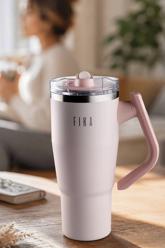 Fika Lumi Patentli Döner Kulplu Sızdırmaz Çift Ağızlıklı Çelik Termos 950 ML - Pembe - 1