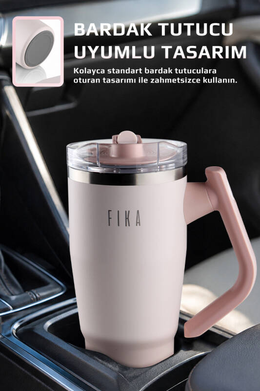 Fika Lumi Patentli Döner Kulplu Sızdırmaz Çift Ağızlıklı Çelik Termos 950 ML - Pembe - 2