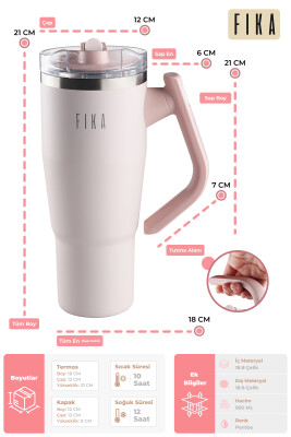 Fika Lumi Patentli Döner Kulplu Sızdırmaz Çift Ağızlıklı Çelik Termos 950 ML - Pembe - 3