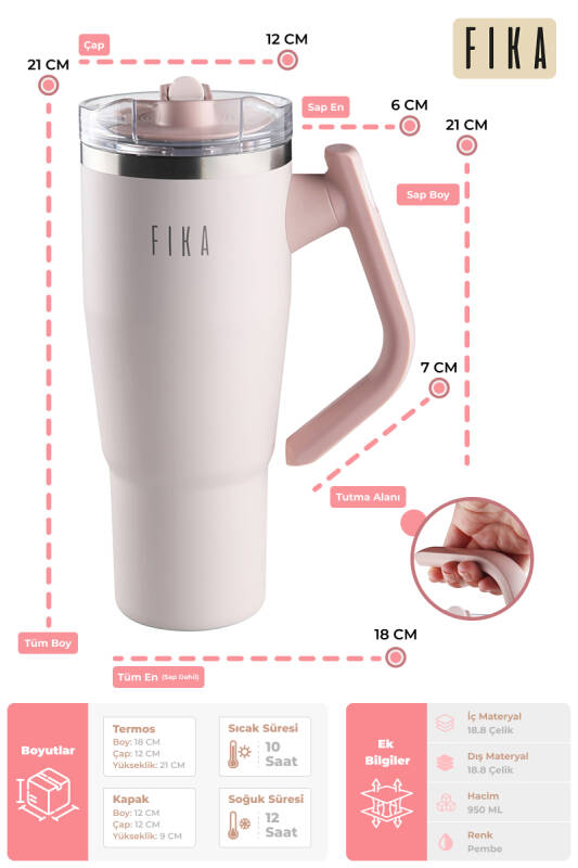 Fika Lumi Patentli Döner Kulplu Sızdırmaz Çift Ağızlıklı Çelik Termos 950 ML - Pembe - 3
