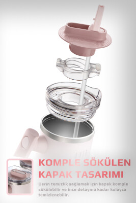 Fika Lumi Patentli Döner Kulplu Sızdırmaz Çift Ağızlıklı Çelik Termos 950 ML - Pembe - 4