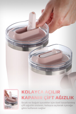 Fika Lumi Patentli Döner Kulplu Sızdırmaz Çift Ağızlıklı Çelik Termos 950 ML - Pembe - 5