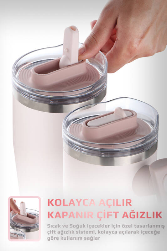 Fika Lumi Patentli Döner Kulplu Sızdırmaz Çift Ağızlıklı Çelik Termos 950 ML - Pembe - 5