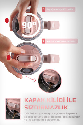 Fika Lumi Patentli Döner Kulplu Sızdırmaz Çift Ağızlıklı Çelik Termos 950 ML - Pembe - 6