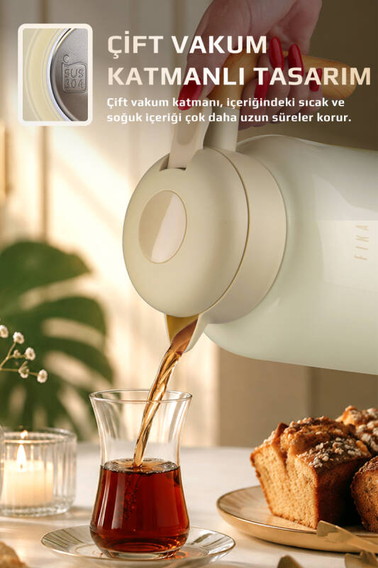Fika Paeta Çift Katmanlı Sızdırmaz Kapaklı Çelik Büyük Boy Sürahi Termos 2 Litre - Bej - 2