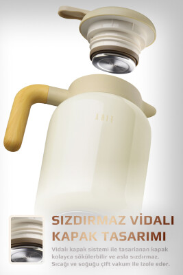 Fika Paeta Çift Katmanlı Sızdırmaz Kapaklı Çelik Büyük Boy Sürahi Termos 2 Litre - Bej - 4