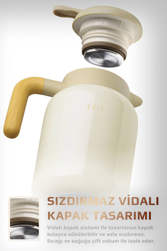 Fika Paeta Çift Katmanlı Sızdırmaz Kapaklı Çelik Büyük Boy Sürahi Termos 2 Litre - Bej - 4