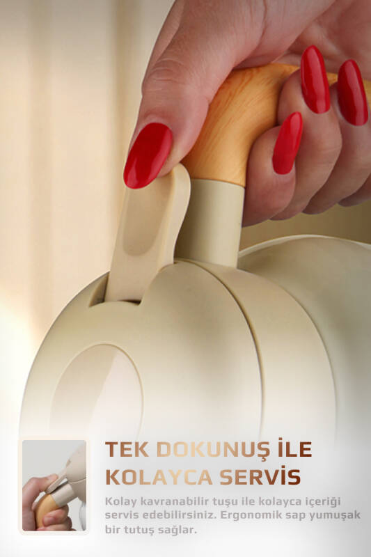 Fika Paeta Çift Katmanlı Sızdırmaz Kapaklı Çelik Büyük Boy Sürahi Termos 2 Litre - Bej - 7