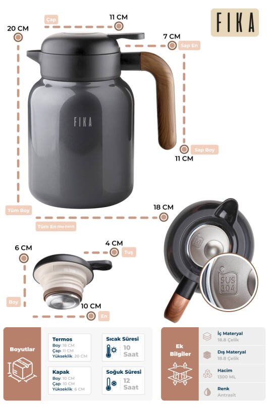 Fika Paeta Çift Katmanlı Sızdırmaz Kapaklı Çelik Orta Boy Sürahi Termos 1300 ML - Antrasit - 3