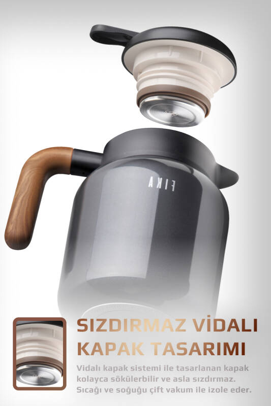 Fika Paeta Çift Katmanlı Sızdırmaz Kapaklı Çelik Orta Boy Sürahi Termos 1300 ML - Antrasit - 4