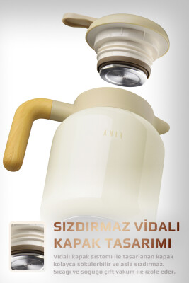 Fika Paeta Çift Katmanlı Sızdırmaz Kapaklı Çelik Orta Boy Sürahi Termos 1300 ML - Bej - 3