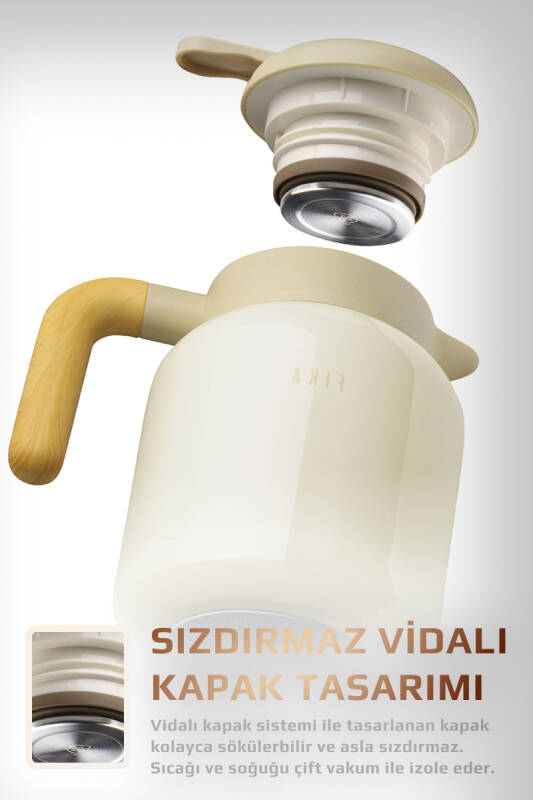 Fika Paeta Çift Katmanlı Sızdırmaz Kapaklı Çelik Orta Boy Sürahi Termos 1300 ML - Bej - 3