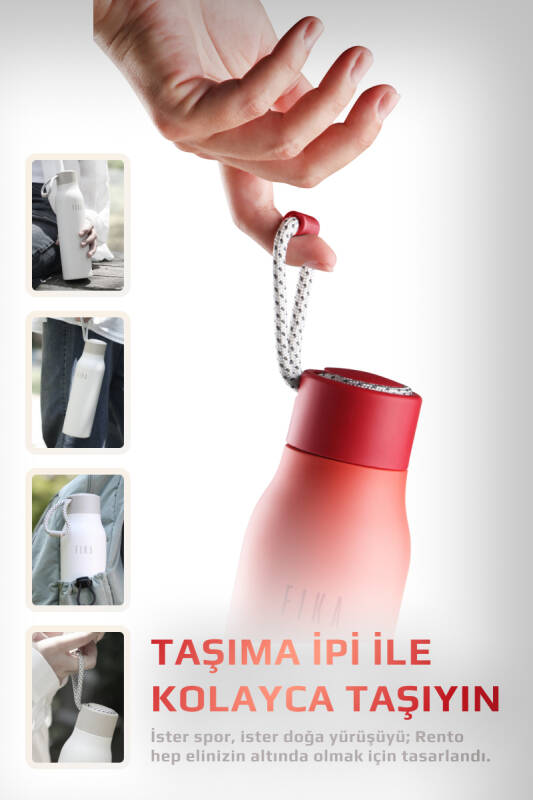 Fika Rento Sızdırmaz Vidalı Kapaklı Geniş Ağızlıklı Kolay Taşınabilir Çelik Termos 600 ML - Nar Çiçeği - 5