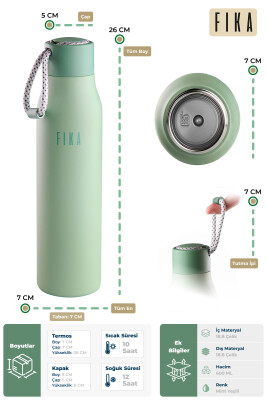 Fika Rento Sızdırmaz Vidalı Kapaklı Geniş Ağızlıklı Kolay Taşınabilir Çelik Termos 600 ML - Mint Yeşili - 3