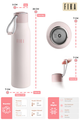 Fika Rento Sızdırmaz Vidalı Kapaklı Geniş Ağızlıklı Kolay Taşınabilir Çelik Termos 600 ML - Pembe - 3