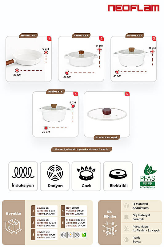 Fika Seramik Kaplama İndüksiyonlu 7 Parça Tencere ve Tava Seti - Beyaz - 2