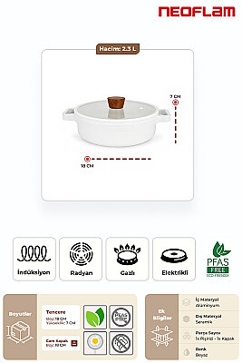 Fika Seramik Kaplama İndüksiyonlu Cam Kapaklı Sahan 18 CM - Beyaz - Neoflam (1)