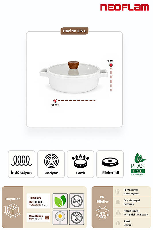Fika Seramik Kaplama İndüksiyonlu Cam Kapaklı Sahan 18 CM - Beyaz - 2
