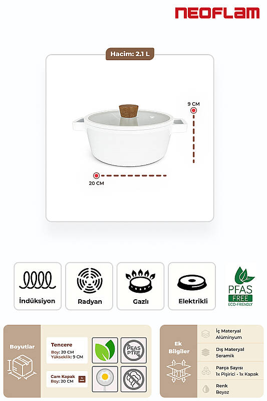 Fika Seramik Kaplama İndüksiyonlu Tencere 20 CM - Beyaz - 2