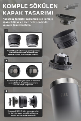 Fika Tauko Sızdırmaz Kolay Sökülebilir Derin Temizlenebilir Patentli Kapaklı Çelik Bardak Termos 470 ML - Antrasit - 5