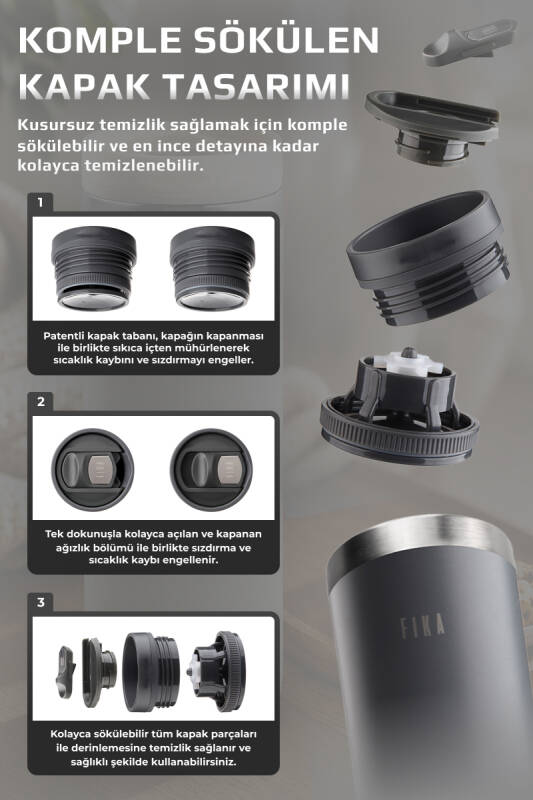 Fika Tauko Sızdırmaz Kolay Sökülebilir Derin Temizlenebilir Patentli Kapaklı Çelik Bardak Termos 470 ML - Antrasit - 5
