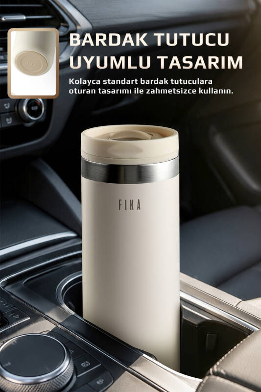 Fika Tauko Sızdırmaz Kolay Sökülebilir Derin Temizlenebilir Patentli Kapaklı Çelik Bardak Termos 470 ML - Bej - 2