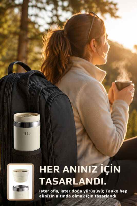 Fika Tauko Sızdırmaz Kolay Sökülebilir Derin Temizlenebilir Patentli Kapaklı Çelik Bardak Termos 470 ML - Bej - 4