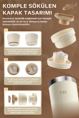 Fika Tauko Sızdırmaz Kolay Sökülebilir Derin Temizlenebilir Patentli Kapaklı Çelik Bardak Termos 470 ML - Bej - 5