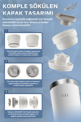 Fika Tauko Sızdırmaz Kolay Sökülebilir Derin Temizlenebilir Patentli Kapaklı Çelik Bardak Termos 470 ML - Beyaz - 5