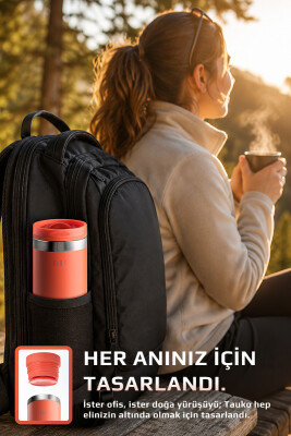 Fika Tauko Sızdırmaz Kolay Sökülebilir Derin Temizlenebilir Patentli Kapaklı Çelik Bardak Termos 470 ML - Nar Çiçeği - 4