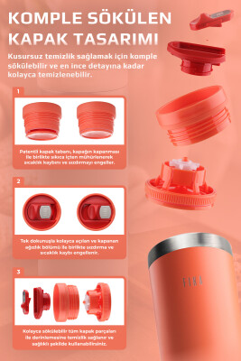 Fika Tauko Sızdırmaz Kolay Sökülebilir Derin Temizlenebilir Patentli Kapaklı Çelik Bardak Termos 470 ML - Nar Çiçeği - 5