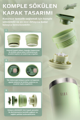 Fika Tauko Sızdırmaz Kolay Sökülebilir Derin Temizlenebilir Patentli Kapaklı Çelik Bardak Termos 470 ML - Mint Yeşili - 5