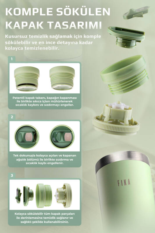 Fika Tauko Sızdırmaz Kolay Sökülebilir Derin Temizlenebilir Patentli Kapaklı Çelik Bardak Termos 470 ML - Mint Yeşili - 5