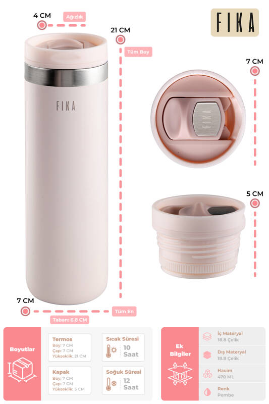Fika Tauko Sızdırmaz Kolay Sökülebilir Derin Temizlenebilir Patentli Kapaklı Çelik Bardak Termos 470 ML - Pembe - 3