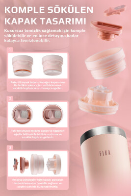 Fika Tauko Sızdırmaz Kolay Sökülebilir Derin Temizlenebilir Patentli Kapaklı Çelik Bardak Termos 470 ML - Pembe - 5