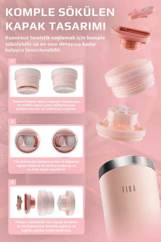 Fika Tauko Sızdırmaz Kolay Sökülebilir Derin Temizlenebilir Patentli Kapaklı Çelik Bardak Termos 470 ML - Pembe - 5