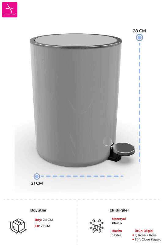 Lenox 5 LT Pedallı Banyo Mutfak Ofis Çöp Kovası - Gri - 1