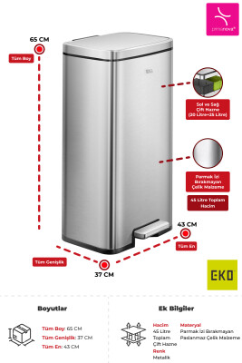 Madison 20LT + 25LT (45LT) Çift Hazneli Yumuşak Kapanan Banyo Mutfak Ofis Çelik Çöp Kovası - 3