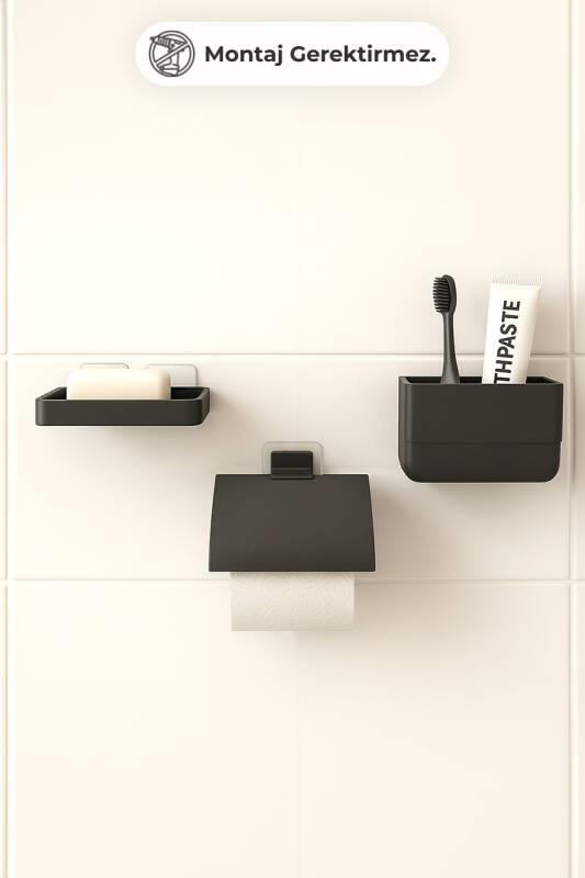 Moliette Yapışkanlı 3'lü Banyo Aksesuar Seti - Antrasit - 2