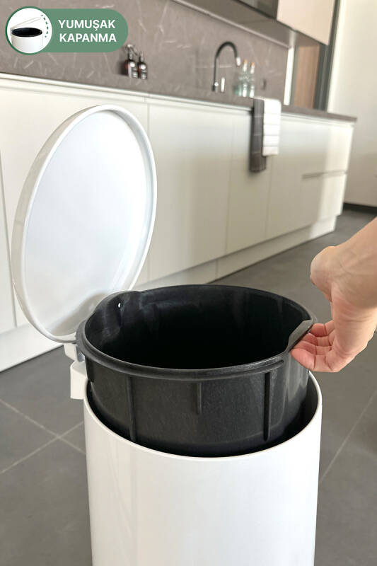 Cigo 20 LT Yumuşak Kapanan Pedallı Banyo Mutfak Ofis Çelik Çöp Kovası - Beyaz & İç Kısım Siyah - 2
