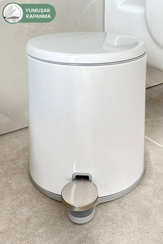 Cigo 6 LT Yumuşak Kapanan Pedallı Banyo Mutfak Ofis Çelik Çöp Kovası - Beyaz & İç Kısım Gri - 1