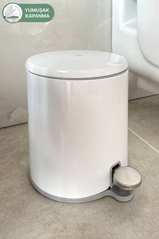Cigo 6 LT Yumuşak Kapanan Pedallı Banyo Mutfak Ofis Çelik Çöp Kovası - Beyaz & İç Kısım Gri - 2