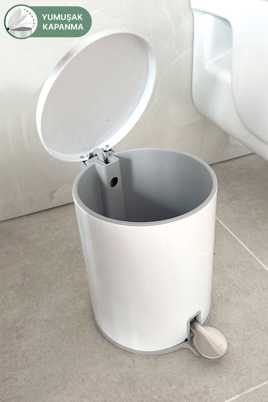 Cigo 6 LT Yumuşak Kapanan Pedallı Banyo Mutfak Ofis Çelik Çöp Kovası - Beyaz & İç Kısım Gri - 3